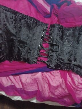 Black Satin Boned Lace-Up Brocade Corset 2xl